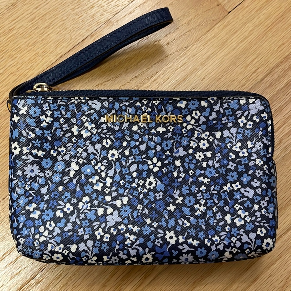 Michael Kors wallet mini bag wristlet with flower design, navy blue